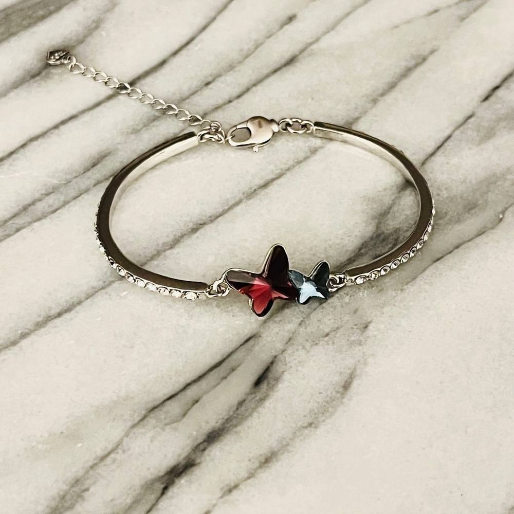 Crystal Butterfly Bracelet Blue Purple Pink Bangle Rhodium Plated Hypoallergenic